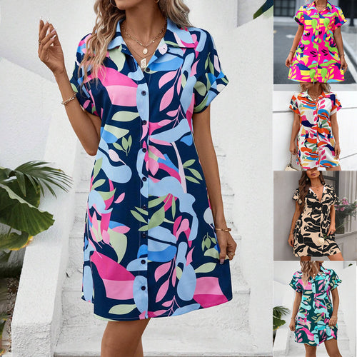 Damen Lockeres Hemdblusenkleid mit Knopfleiste, Reverskragen und floralem Print Shop Nory