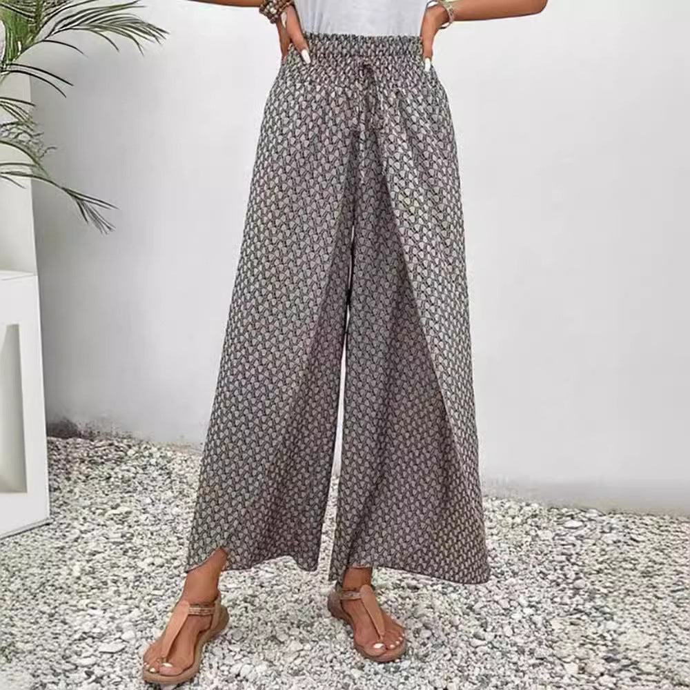 Damen nan weite Sommer-Palazzohose mit gerafftem Komfortbund, fließender Beinweite und geometrischem Allovermuster