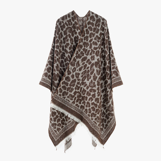 Damen Jacquard‑Poncho im Oversize‑Überwurf mit Leoprint und Fransensaum Shop Nory
