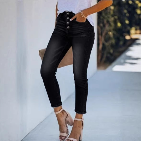 Damen Hochtaillierte Slim-Jeans mit sichtbarer Knopfleiste und knöchellanger Passform Shop Nory