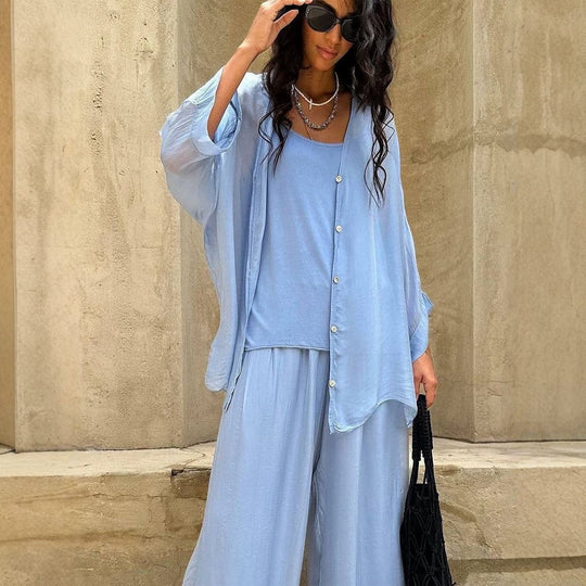 Damen Dreiteiliges Loungewear-Set aus leichter Viskose mit Oversize-Bluse, Top und weiter Palazzohose Shop Nory