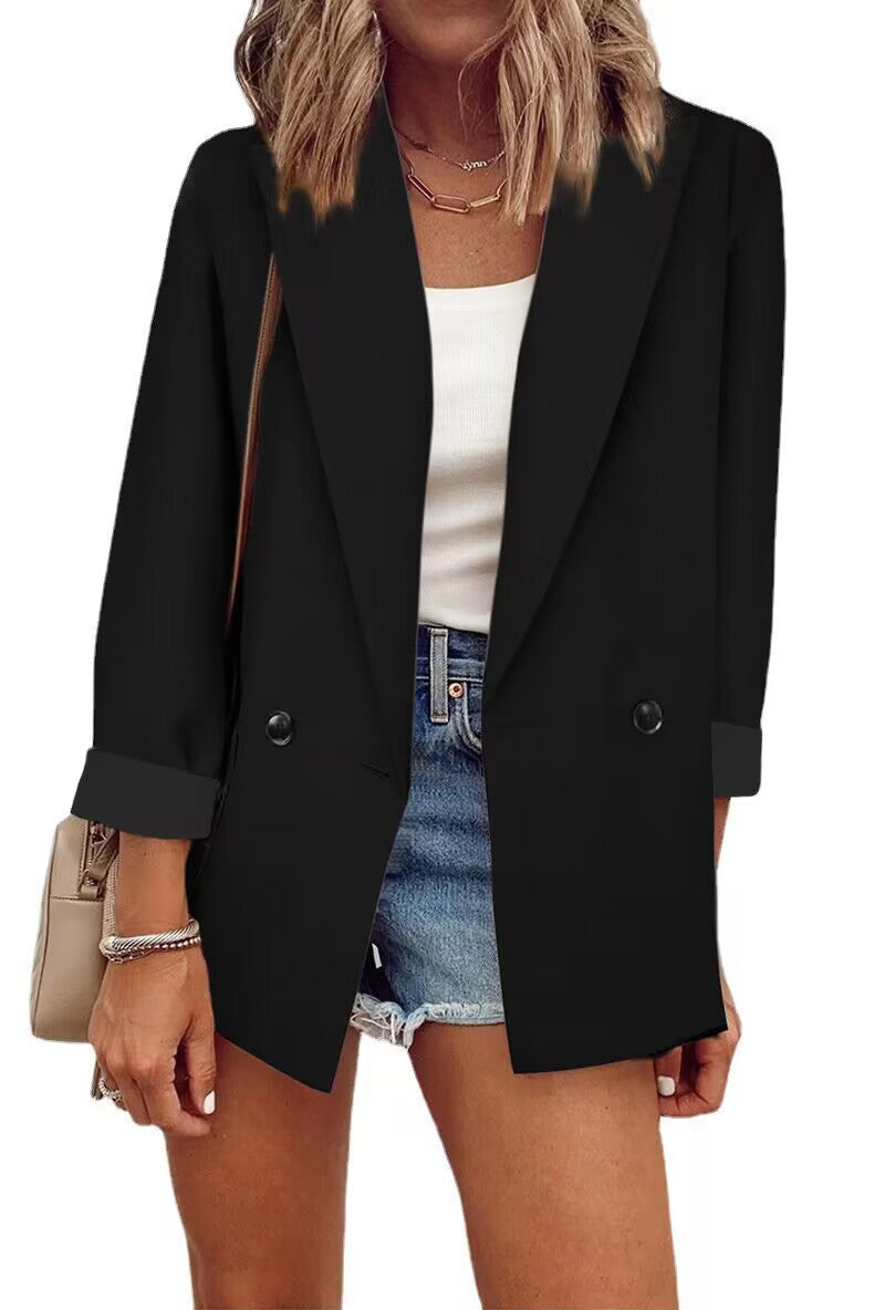 Damen Lockerer Longline-Blazer mit aufgekrempelten Ärmeln und zweireihiger Knopfleiste Shop Nory