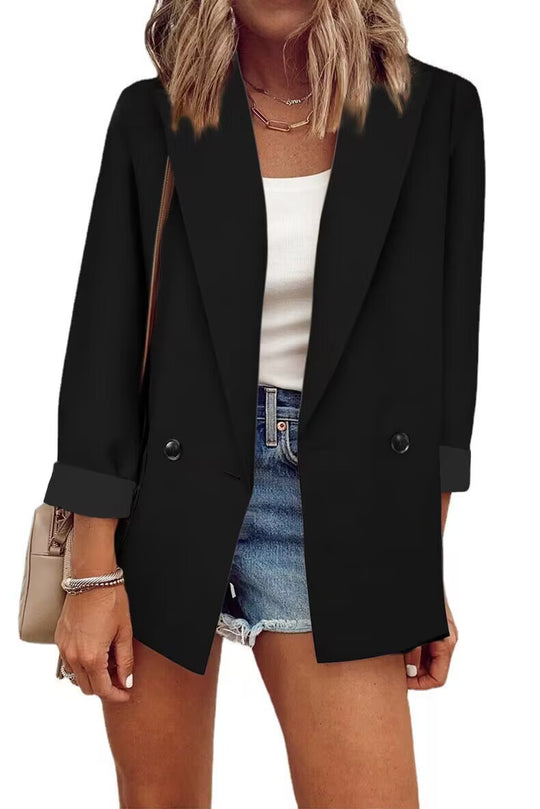 Damen Lockerer Longline-Blazer mit aufgekrempelten Ärmeln und zweireihiger Knopfleiste Shop Nory