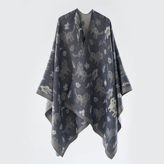 Damen Oversized Ruana im Jacquard mit Katzen- & Blumenmotiv Shop Nory