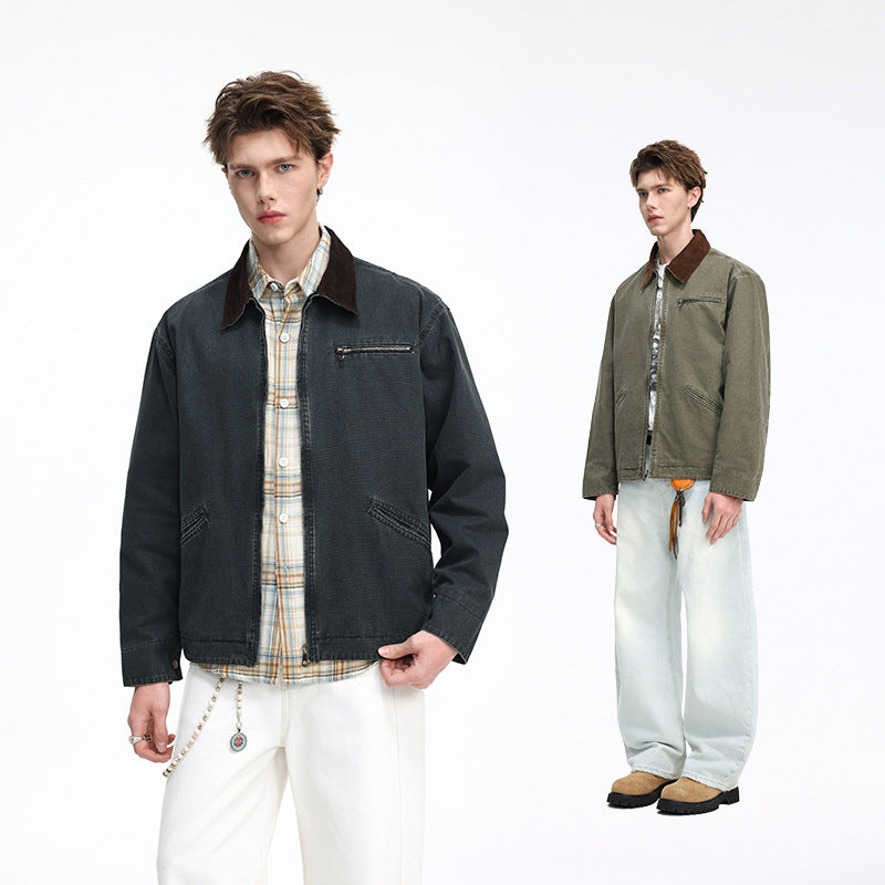 Herren Freizeitjacke aus gewaschenem Baumwollcanvas mit Cordkragen und Reißverschluss-Tasche Shop Nory