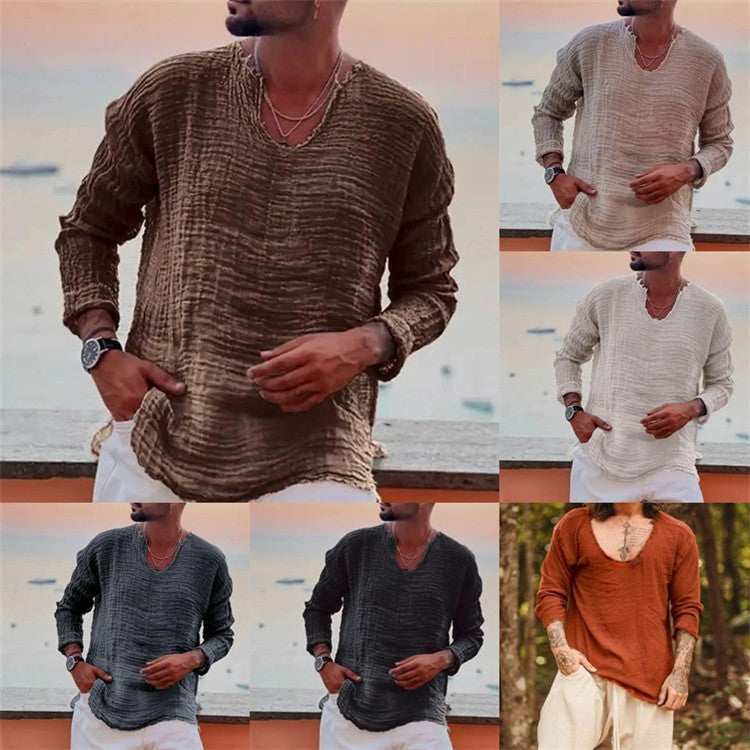 Herren lässiges V-Neck Leinenhemd