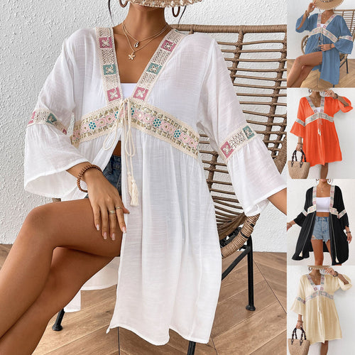 Damen luftiger Strandkimono mit floralen Stickereien