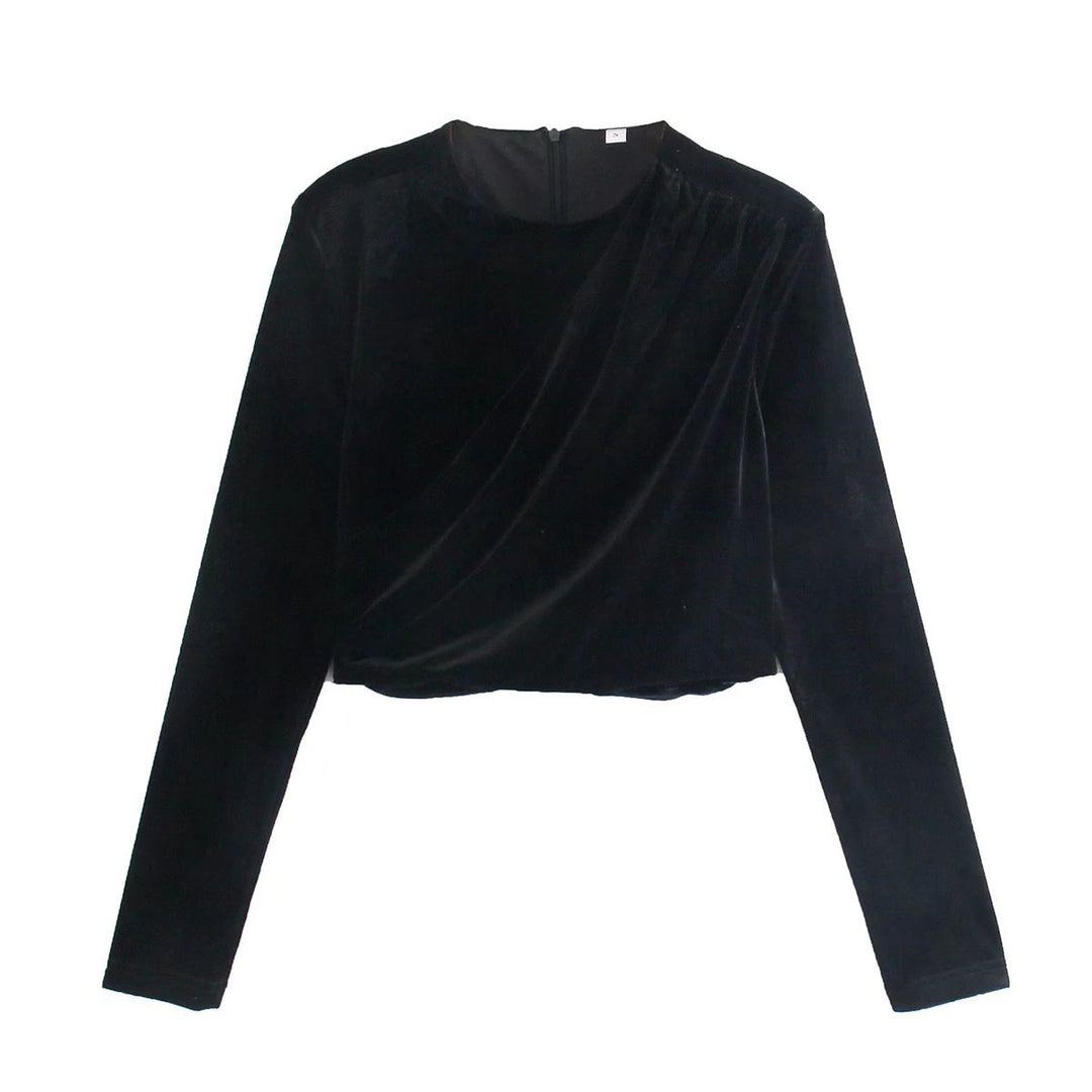 Damen Samt-Cropped-Bluse mit Drapierung und Rundhalsausschnitt Shop Nory