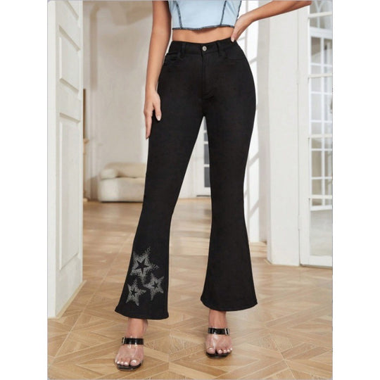 Damen Taillenhohe Stretch-Bootcut-Jeans mit Strass-Stern-Applikation am Saum Shop Nory