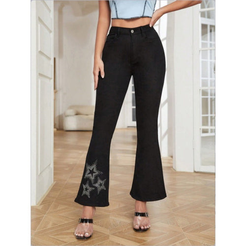 Damen Taillenhohe Stretch-Bootcut-Jeans mit Strass-Stern-Applikation am Saum Shop Nory