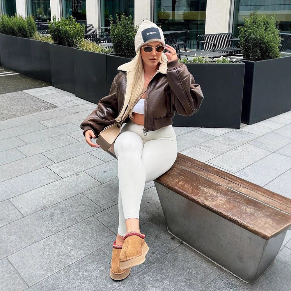 Damen Kurz geschnittene Fliegerjacke mit Teddy-Futter und Oversized-Ärmeln Shop Nory