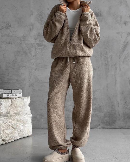 Damen Teddy-Fleece-Loungewear Set mit halbem Reißverschluss elastischem Tunnelzugbund und weitem Bein Shop Nory