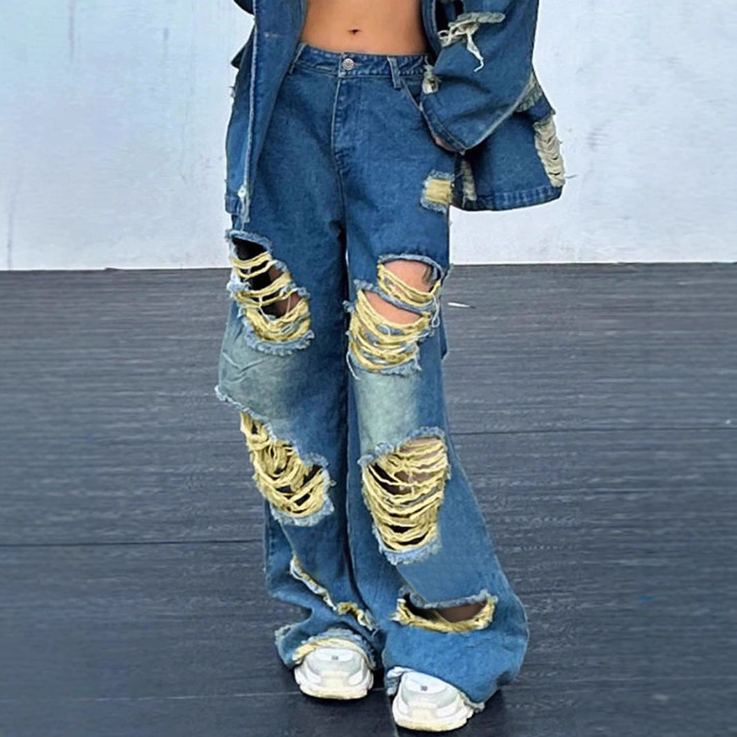 Damen weite Destroyed-Baggy-Jeans mit großflächigen Fransenrissen und relaxed Fit Shop Nory