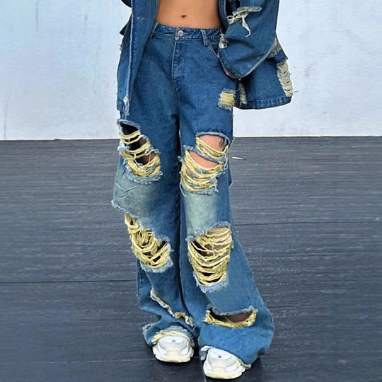 Damen weite Destroyed-Baggy-Jeans mit großflächigen Fransenrissen und relaxed Fit Shop Nory
