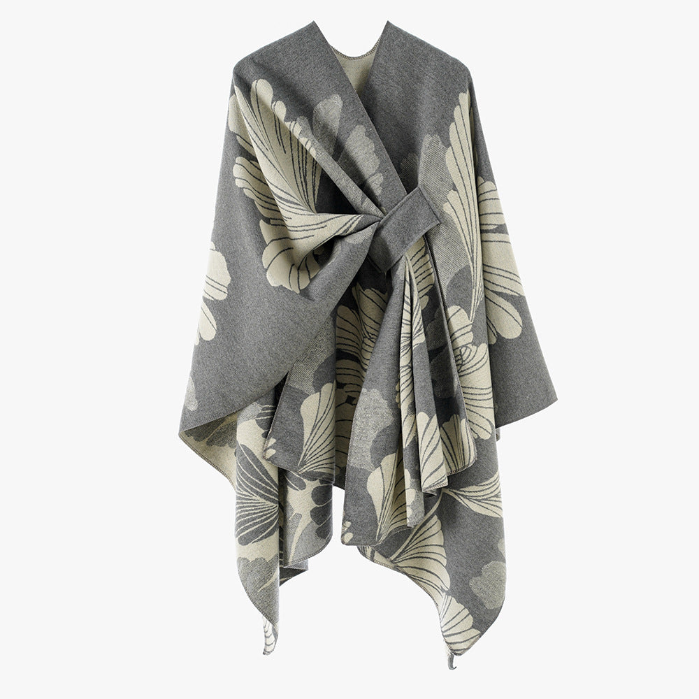 Damen Wickelponcho aus Jacquard mit floralem Muster und Taillengürtel Shop Nory