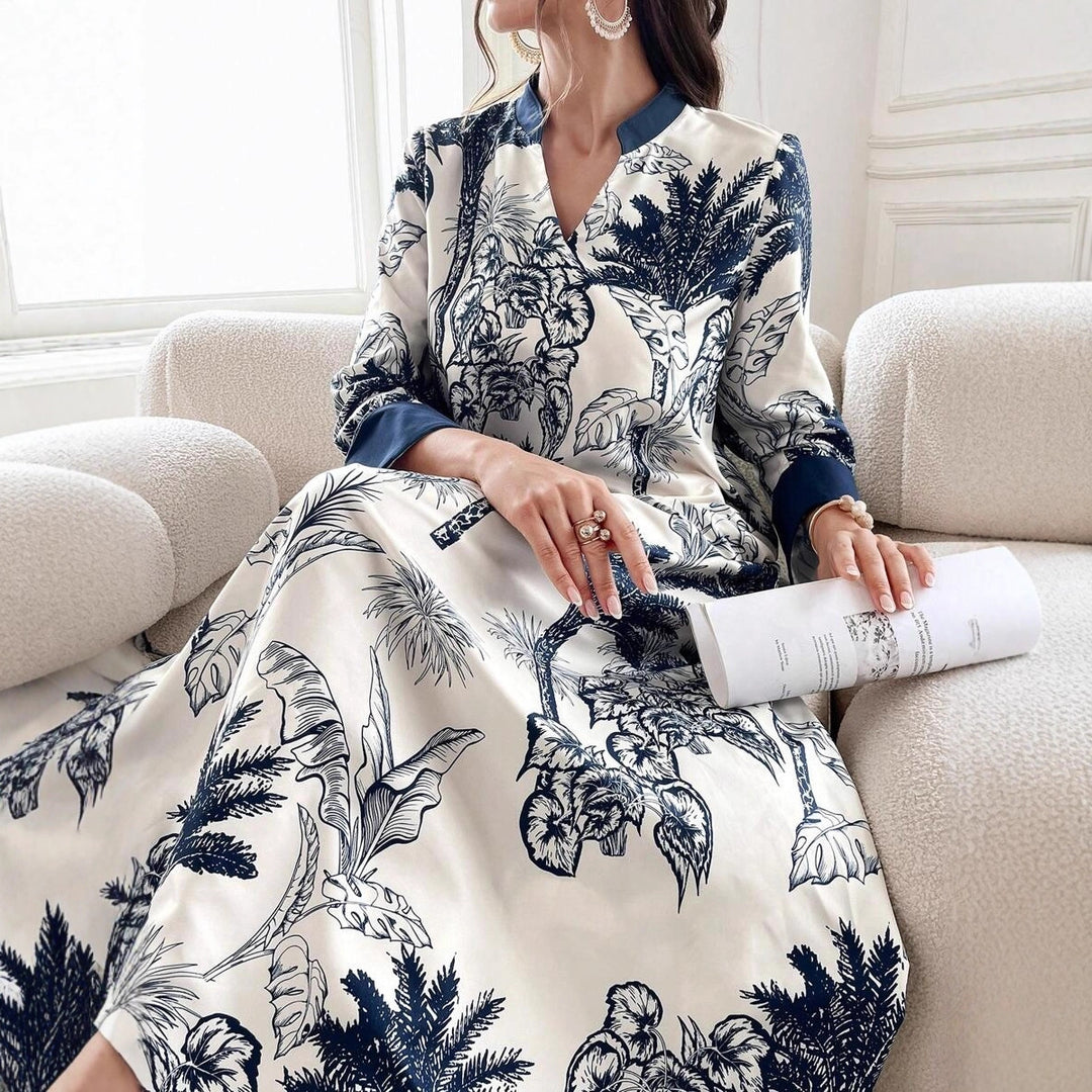 Damen Maxikleid in Satinoptik mit Palmenprint, Stehkragen und weitem 3/4-Ärmel Shop Nory