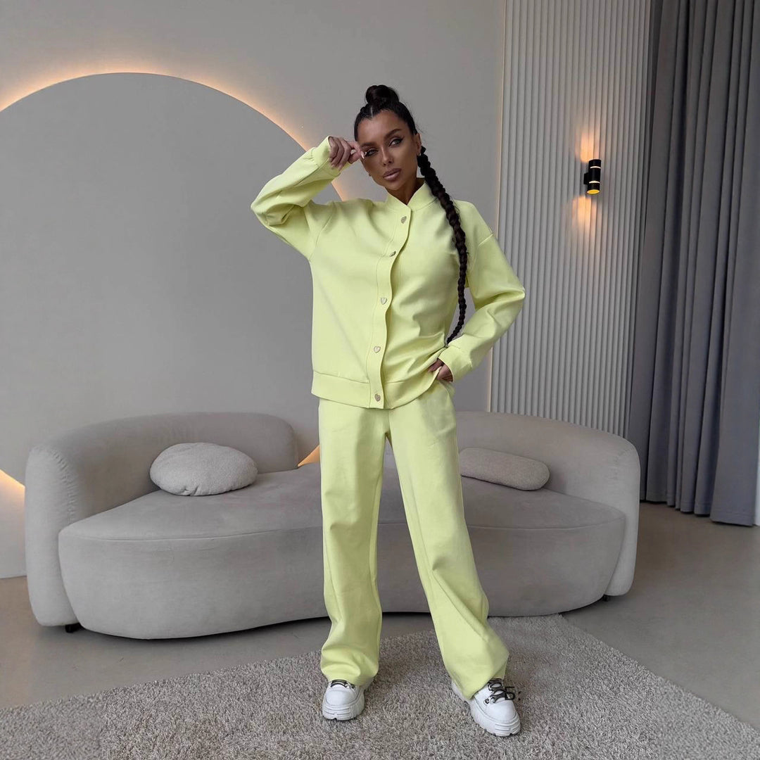 Damen Zweiteiliges Loungewear-Set mit Stehkragen, dekorativen Schmuckknöpfen und weitem Palazzo-Hosenbein Shop Nory