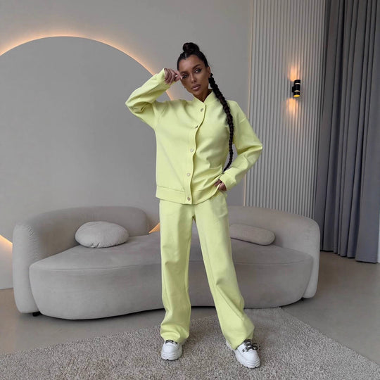 Damen Zweiteiliges Loungewear-Set mit Stehkragen, dekorativen Schmuckknöpfen und weitem Palazzo-Hosenbein Shop Nory