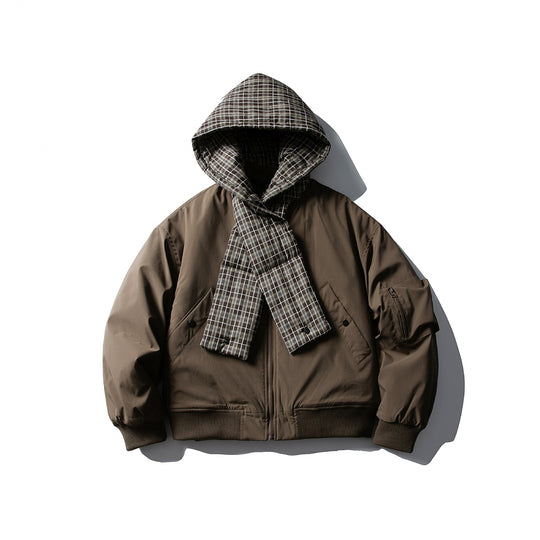 Herren Winddichter Bomberjacke mit gesteppter karierter Kapuze und integriertem Schal Shop Nory