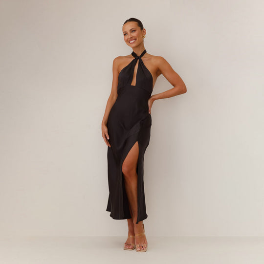 Damen Elegantes Wickelmaxikleid im Halterneck-Stil mit seitlichem Schlitz und Taillengürtel
