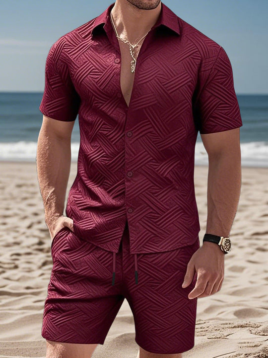 Herren nan geprägtes Strand-Ensemble mit offenem Kurzarm-Hemd und Kordel-Bermuda