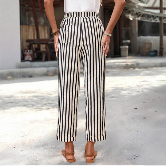 Damen Leichte hochtaillierte Streifen-Hose mit Elastikbund, Kordelzug und Seitentaschen Shop Nory