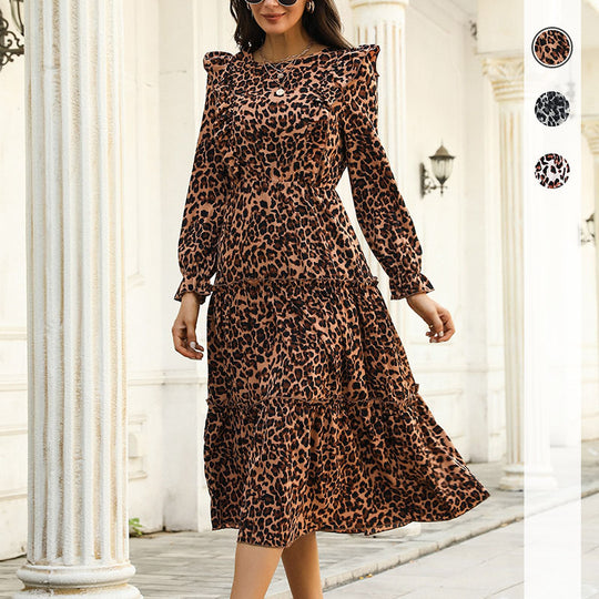 Damen Stufen-Midikleid mit Volantrock, Leo‑Print und elastischen Ärmelabschlüssen Shop Nory