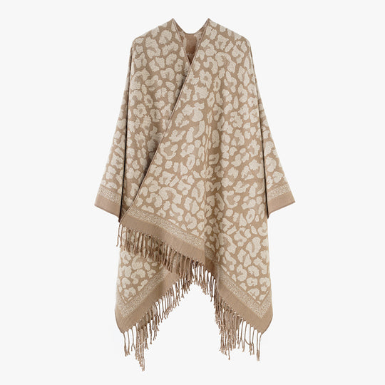 Damen Oversize‑Cape mit Jacquard‑Leomuster, offenem Fall und Fransen Shop Nory