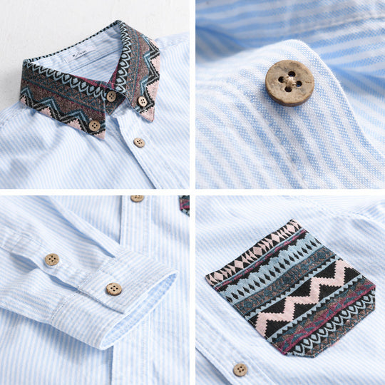 Herren Gestreiftes Baumwollhemd mit Jacquard-Kragen und Taschenbesatz Shop Nory