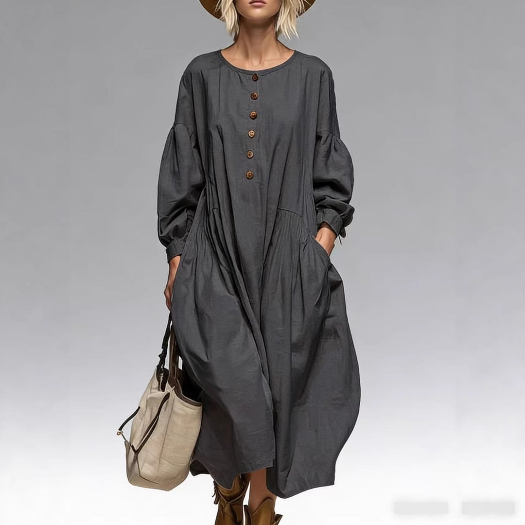 Damen Lässiges Midi-Kleid mit Knopfleiste, Ballonärmeln und Eingrifftaschen Shop Nory