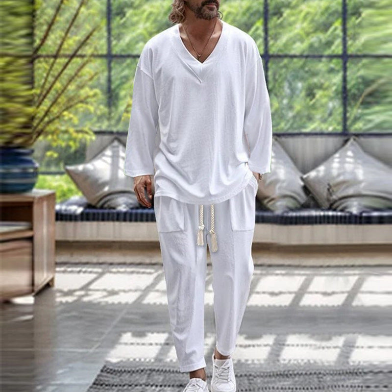 Herren Lässiges Lounge-Set aus Baumwollmix mit V-Ausschnitt und Kordelbundhose Shop Nory