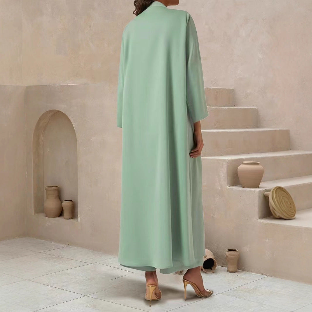 Damen Fließender Maxi-Kaftan-Mantel mit offenem Vorderteil und minimalistischem Stehkragen Shop Nory