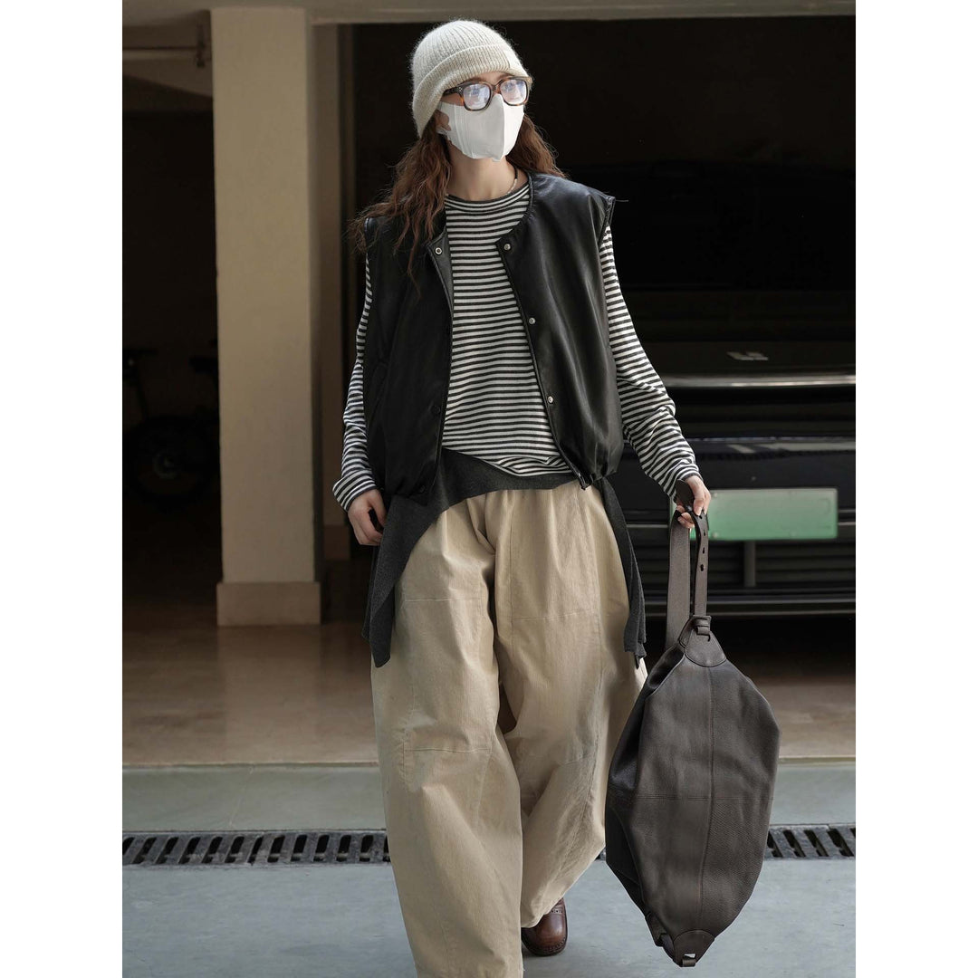 Damen Ärmellose Lederimitat-Weste mit Druckknopfverschluss und lockerer Layering-Silhouette Shop Nory
