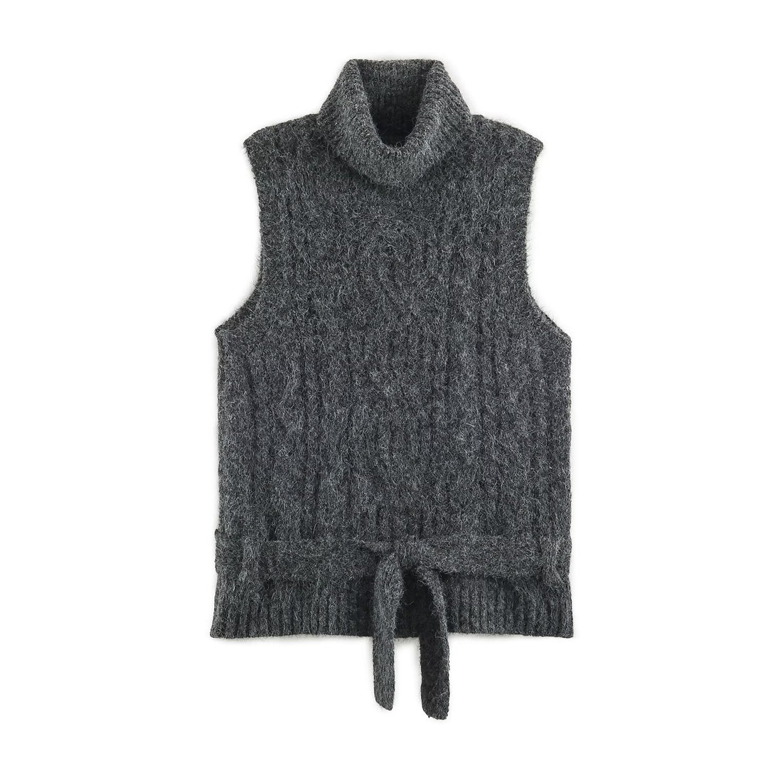 Damen Ärmellose Zopfstrick-Weste mit Rollkragen und Bindegürtel Shop Nory