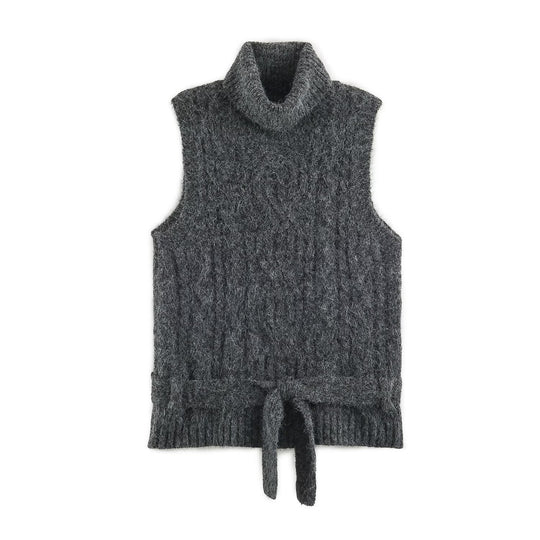 Damen Ärmellose Zopfstrick-Weste mit Rollkragen und Bindegürtel Shop Nory