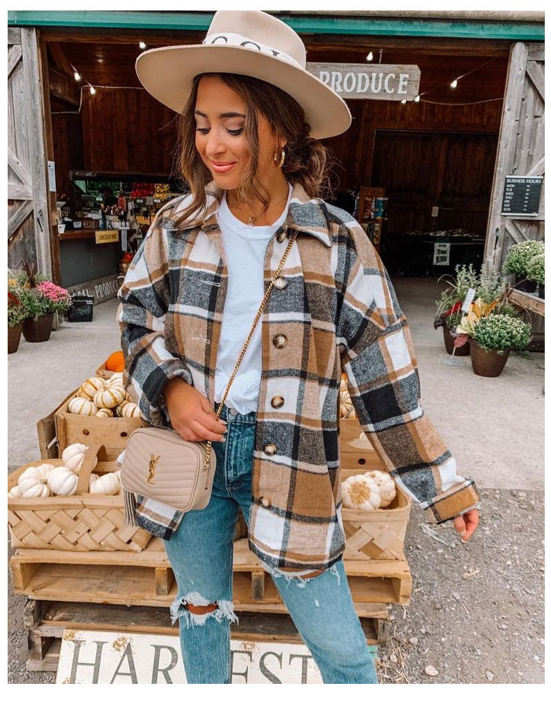 Damen Oversized Kariertes Flanell‑Shacket mit Brusttaschen und Holzknöpfen Shop Nory