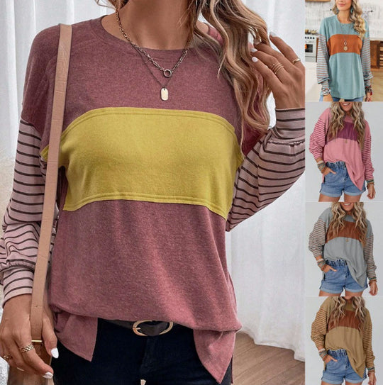 Damen Lockeres Colorblock-Sweatshirt mit gestreiften Ärmeln und Rundhalsausschnitt Shop Nory