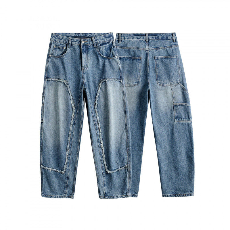 Herren Weite Patchwork-Denim-Jeans im Baggy-Schnitt mit eingesetzten Kniepaneelen Shop Nory