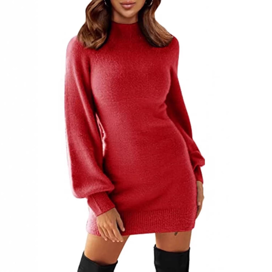 Damen Tailliertes Teddy-Strick-Minikleid mit Stehkragen und Ballonärmeln Shop Nory