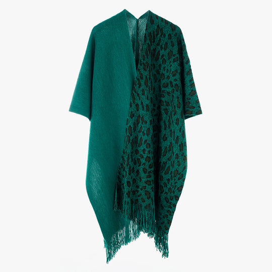 Damen Zweifarbiger Wollmix-Mantelponcho im Kimono-Schnitt mit Animal-Jacquard und Fransensaum Shop Nory
