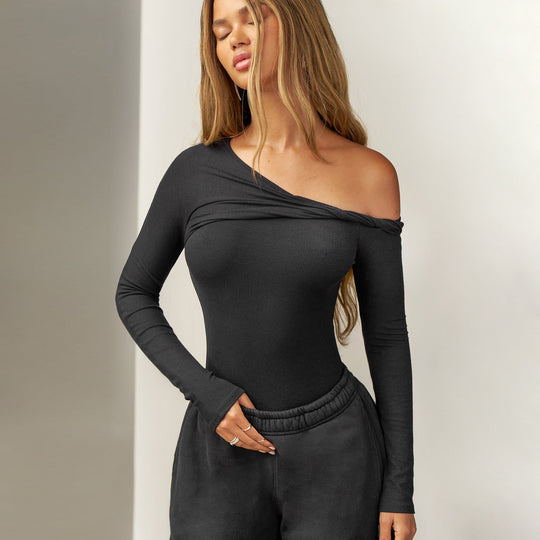 Damen nan asymmetrisches Rippenlangarmshirt mit Ein-Schulter-Design und dekorativer Knotenraffung Shop Nory