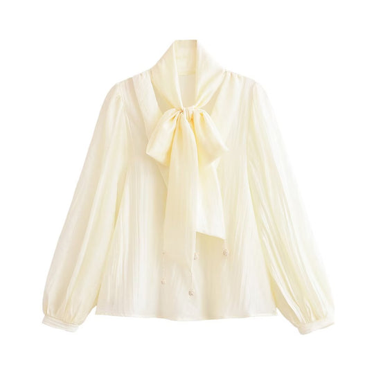 Damen Elegante Chiffonbluse mit Schleifenkragen, Plissee-Detail und Ballonärmeln Shop Nory