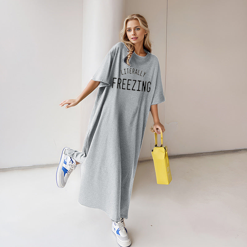 Damen nan lässiges Oversize Maxi-T-Shirt-Kleid mit Rundhals und Statement-Print Shop Nory