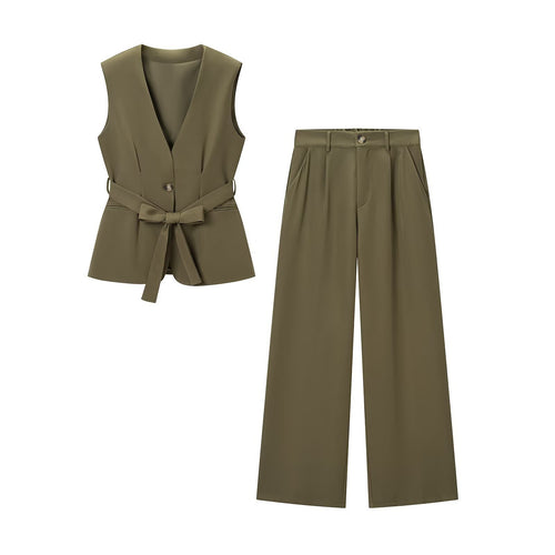 Damen Zweiteiliges tailliertes Weste‑und Hose Set mit Bindegürtel und weitem Bein Shop Nory