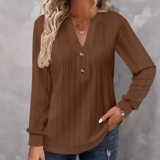 Damen Strukturiertes V‑Neck Langarmshirt mit Zierknopfleiste Shop Nory