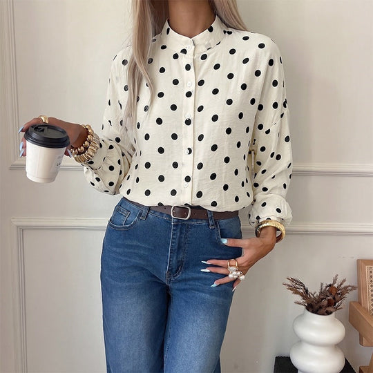 Damen gepunktete Viskose-Bluse mit Stehkragen und Perlmuttknöpfen Shop Nory