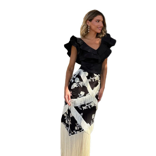 Damen Maxirock mit floralem Print & mehrlagigen Fransen-Details Shop Nory