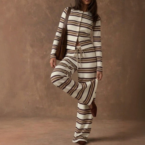 Damen Gestreiftes Strick-Lounge-Set mit tailliertem Knopfcardigan und weitem Palazzohose Shop Nory