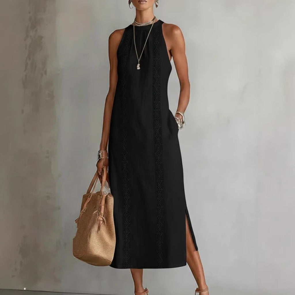Damen Elegantes Sommer-Maxi-Kleid mit Spitzenapplikation und seitlichem Schlitz