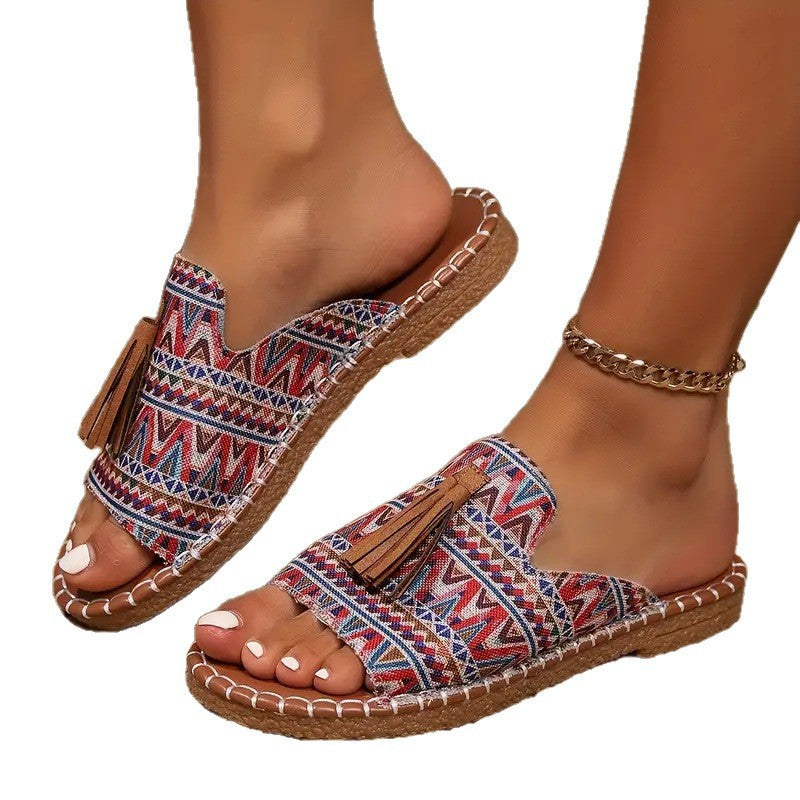 Damen Ethno-Slipper-Sandalen mit Quaste und handgenähter Ziernaht Shop Nory
